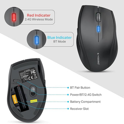 E-YOOSO Bluetooth Wireless Mouse for Laptop, Portable Optical Computer Mouse, 6 Buttons, Cordless 2.4GHz with USB Receiver, 5-Level 4800 DPI, 18 Months Battery Life, for PC, Chromebook, Windows, Mac