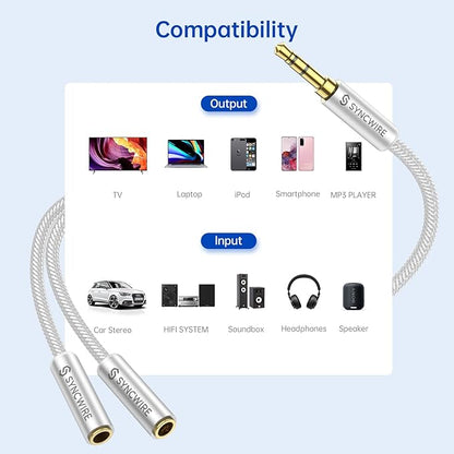 SYNCWIRE Headphone Splitter, Nylon-Braided 3.5mm Extension Cable Audio Stereo Y Splitter (Hi-Fi Sound), 3.5mm Male to 2 Ports 3.5mm Female Headset Splitter for Apple, Samsung & More (No Mic) - Silver