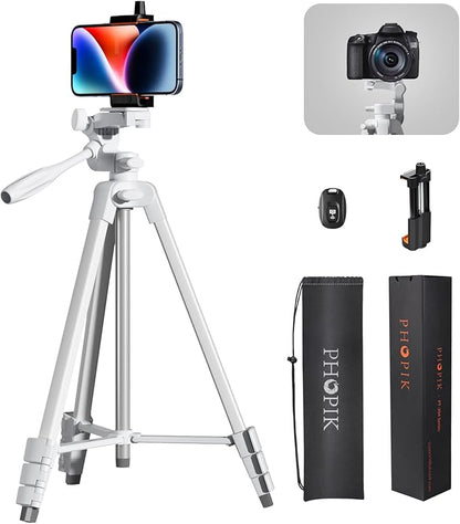 PHOPIK Extendable Tripod Stand - 55" Phone Tripod with 360 Panorama, Shutter-Video, 1/4" Mounting Screw for iPhone/Android/Sport Camera&Insta360 x5 - White