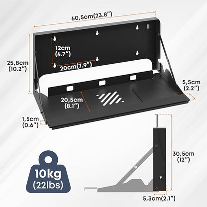 Flip Down Keyboard Tray Wall-Mount - 24 Inch Computer Keyboard and Mouse Platform Tray, Space Saving Design, Mouse Pad and Wrist Pad Included, Holds Up to 22 lbs, Black