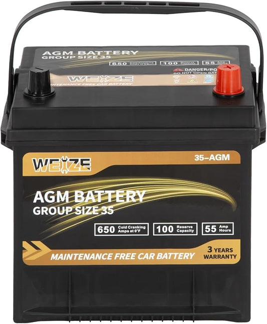Weize Platinum AGM Battery BCI Group 35 Automotive Battery, 100RC, 650CCA, 36 Months Warranty