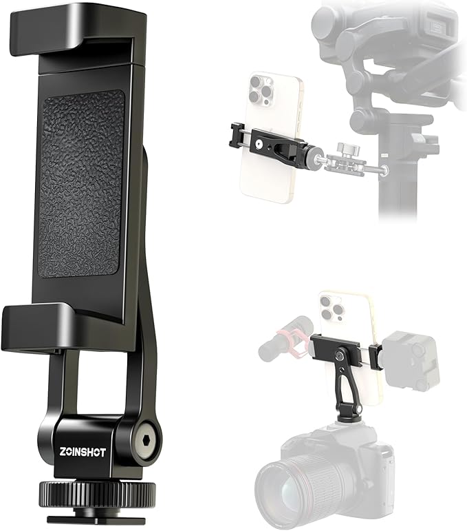 All Metal Phone Tripod Mount, 360° Rotation Tripod Phone Mount with 2 Cold Shoes, Adjustable Cell Phone Mount Adapter with 1/4" Thread, Compatible with iPhone Android Phones, Digital Camera