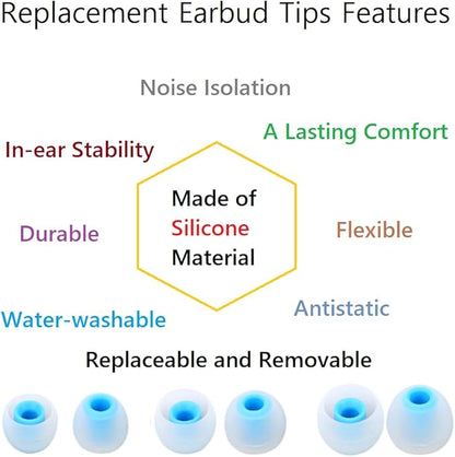 Earbud Tips Replacement Earbud Tips Ear Bud Replacement Pieces Silicone Soft and Comfortable Fit for Inner Hole from 3.8mm - 5.1mm Earphones 9 Pairs S/M/L Clear Blue