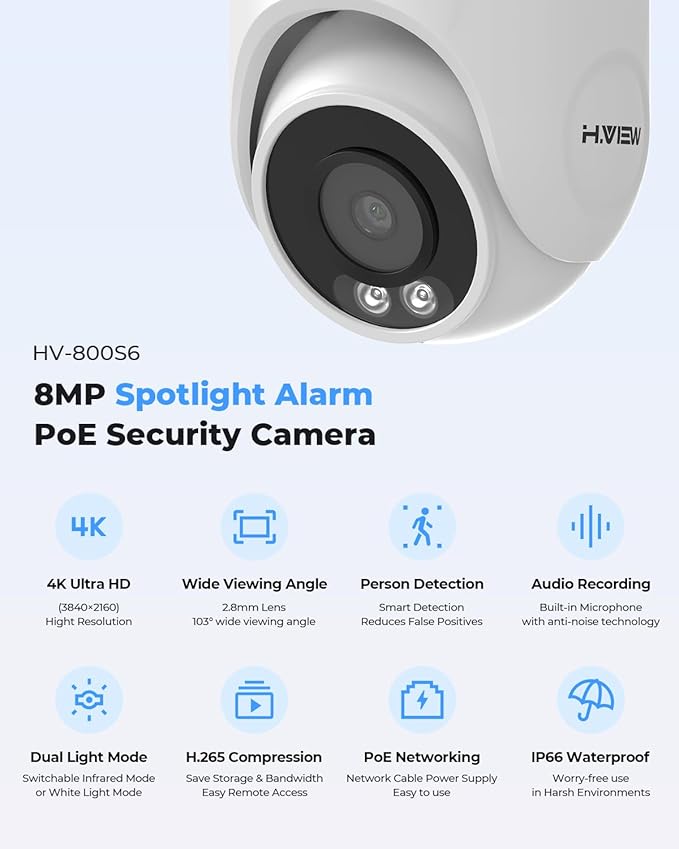 H.VIEW 8CH 4K CCTV Camera Security System, 4TB HDD, 8pcs 8MP Security Camera Outdoor, Trigger Color Night Vision, Two-Way Audio, Human Body Detection, Cameras System for Home Security