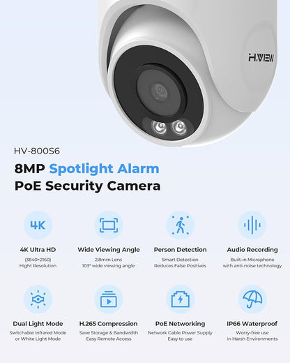 H.VIEW 8CH 4K CCTV Camera Security System, 4TB HDD, 8pcs 8MP Security Camera Outdoor, Trigger Color Night Vision, Two-Way Audio, Human Body Detection, Cameras System for Home Security