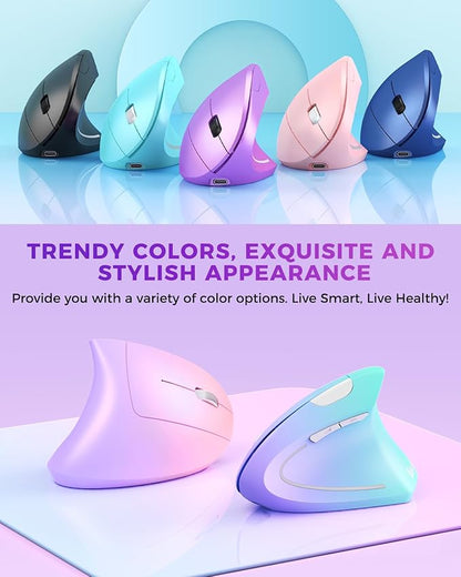 Lekvey Ergonomic Mouse, Wireless Vertical Mouse Rechargeable 2.4 GHz Optical Carpal Tunnel Mice : 800/1200 / 1600 DPI, 6 Buttons, for Laptop, PC, Computer, Desktop, Notebook etc, Purple