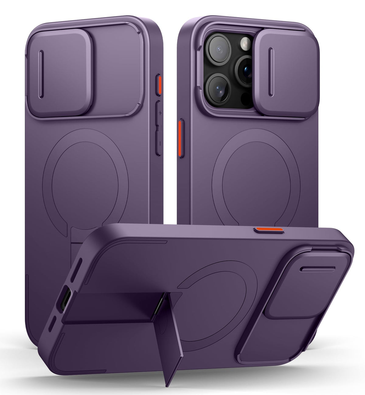 SURITCH for iPhone 14 Plus/15 Plus Case with Magnetic Camera Slide Cover and Adjustable Kickstand, Compatible with MagSafe, Shockproof Bumper Case Slim Protective Cover 6.7 Inch, Dark Purple