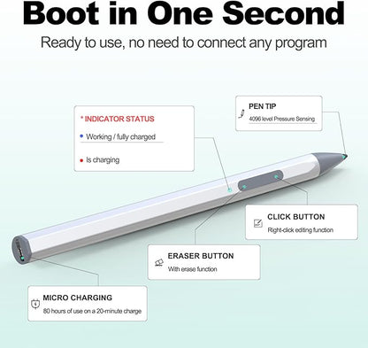 Stylus for HP Envy X360 Pavilion x360 Specter X360 Spectre x2 Envy x2 Touchscreen Laptop Rechargeable MPP 2.0 Tilt Pencil 4096 Pressure Sensitivity Using The Microsoft MPP Protocol, Silver