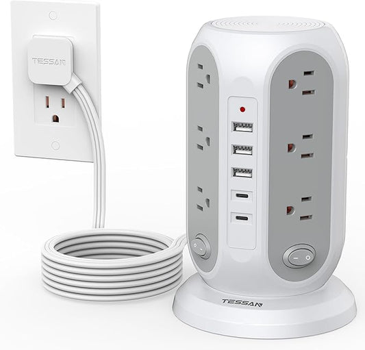 TESSAN Tower Power Strip Surge Protector, Flat Extension Cord 10 Ft, Grey