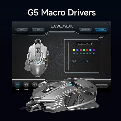 EWEADN G5 Wired Gaming Mouse, Ergonomic RGB Computer Mouse, 12800 Adjustable DPI, 9 Programmable Macro Buttons with Rapid Fire Key Compatible for PC/Laptop/Windows-Grey&White