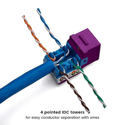 trueCABLE Cat6 Keystone Jack, Unshielded (UTP), 90 Degree Punch-Down, PoE++ (4PPoE) 100W, UL Listed, ETL Verified, ANSI/TIA Certified, Modular RJ45 Female, Purple, 12 Pack