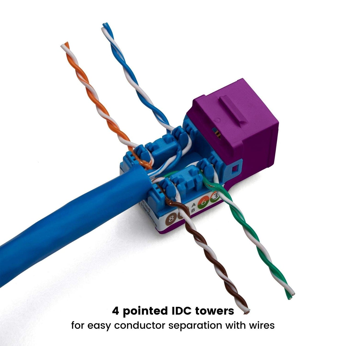 TRUE CABLE Cat6 Keystone Jack, Unshielded (UTP), 90 Degree Punch-Down, PoE++ (4PPoE) 100W, UL Listed, ETL Verified, ANSI/TIA Certified, Modular RJ45 Female, Purple, 12 Pack
