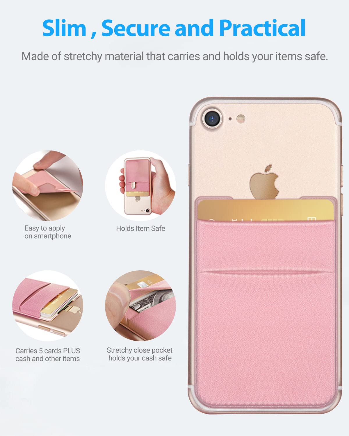 OBVIS Stick On Wallet Sleeve Cell Phone Card Holder, 2 Pack Pink