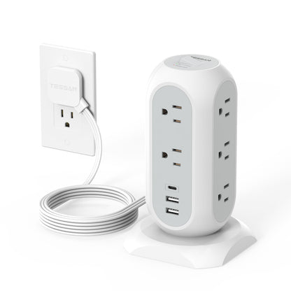 TESSAN Tower Power Strip Flat Plug with 1050J Surge Protection, 6 Ft, Grey