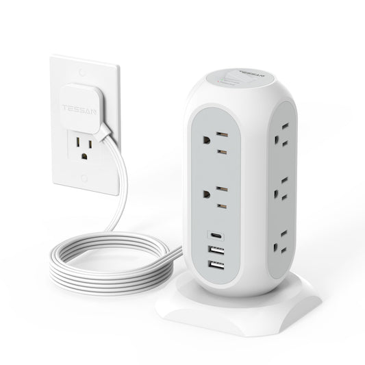TESSAN Tower Power Strip Flat Plug with 1050J Surge Protection, 6 Ft, Grey
