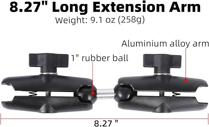 Dual Extension Double Socket Arm with 1" Double Ball Adapter Compatible with RAM B Size Mount and Other 1 inch Industry Standard Device, 360° Rotation Rod for Bike, Truck, Car (8.27" Length)