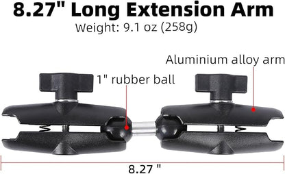 Dual Extension Double Socket Arm with 1" Double Ball Adapter Compatible with RAM B Size Mount and Other 1 inch Industry Standard Device, 360° Rotation Rod for Bike, Truck, Car (8.27" Length)