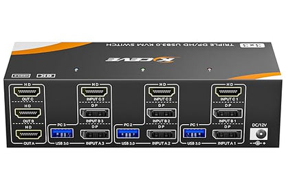 USB 3.0 KVM Switch 3 Monitors 3 Computers Displayport HDMI, Triple Monitor KVM Switch 8K@60Hz 4K@144Hz for 3 Computers Share Mouse Keyboard, Wired Remote and Power Adapter
