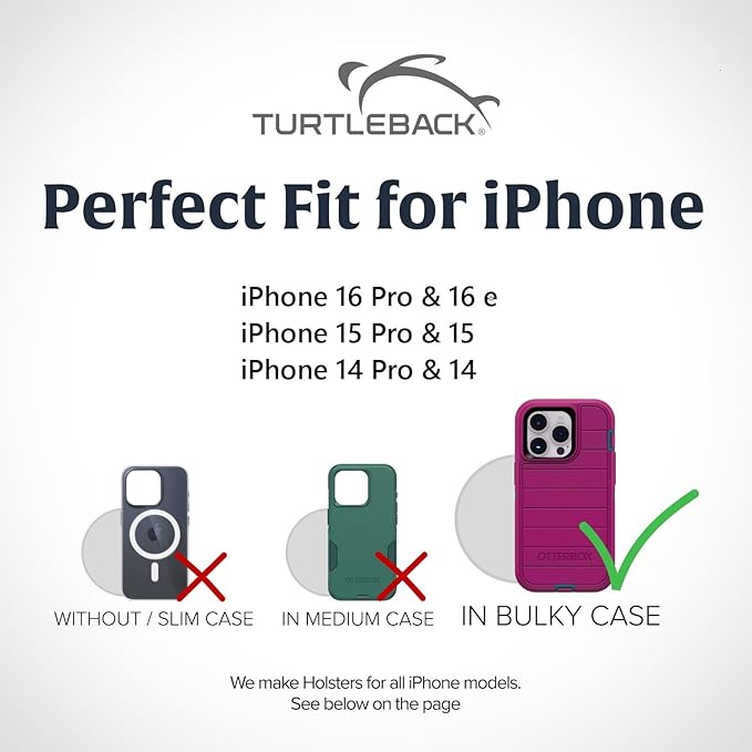 Turtleback Belt Clip for iPhone 16 Pro, 16e, 15 pro 14 Pro 13 Pro -Large- Fits w/Defender Bulky Style Cases, Premium Black Leather, Vertical Belt Holder, Magnetic Closure HD Rotating Belt Clip