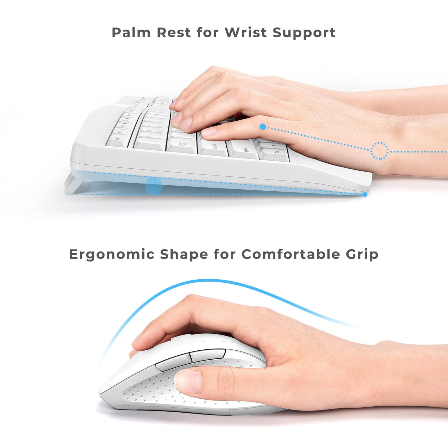 Ergonomic Keyboard and Mouse Combo - Full Size Keyboard Cordless with Palm Wrist Rest Ergonomic Mouse Wireless for Windows Computers Laptops - White(Upgrade)