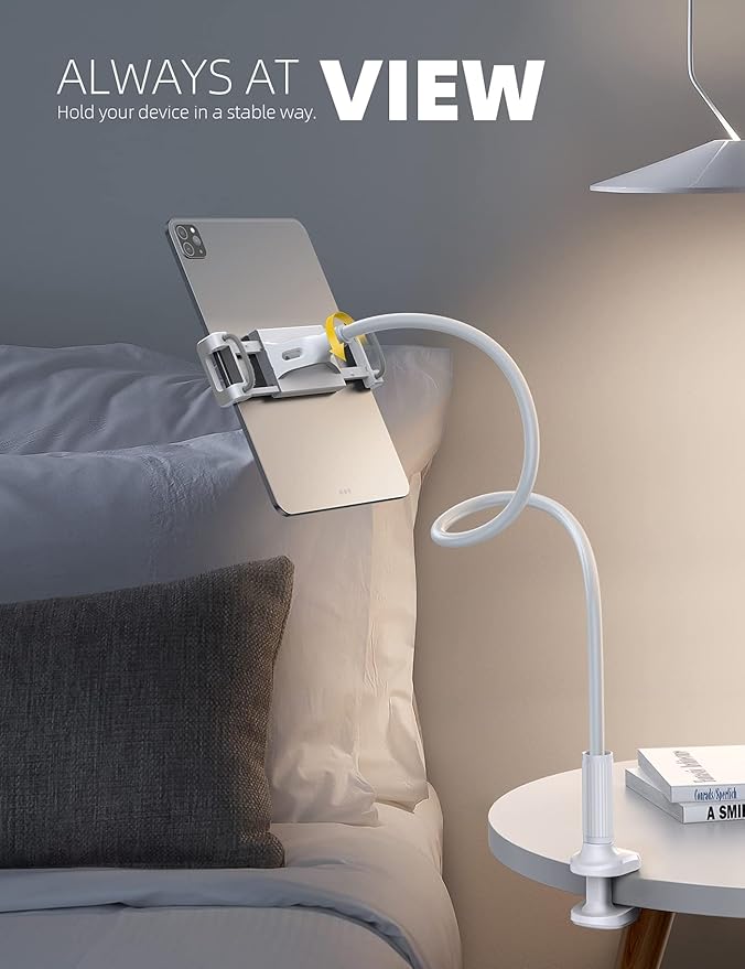 Lamicall Gooseneck Tablet Mount Holder for Bed Flexible Tablet Arm Clamp for Bed Compatible with Pad Pro 10.5, Air 9.7, Mini 7.9, Galaxy Tabs, Switch, More 4.7-11" Device - White