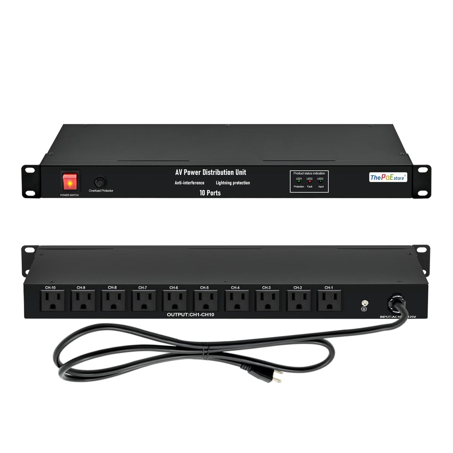 ThePoEstore 1U Horizontal PDU 19" Rack Mount Power Strip - Surge Protector