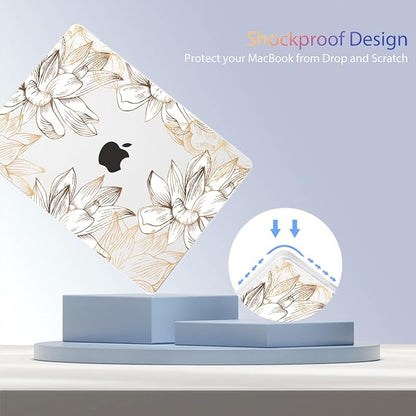 Teryeefi for MacBook Air 13 inch Case M1 2021 2020 2019 2018 Release (A2337 A2179 A1932 Retina Display with Touch ID), Plastic Hard Shell Case & Keyboard Cover & Screen Protector, W-Gold Flower Line