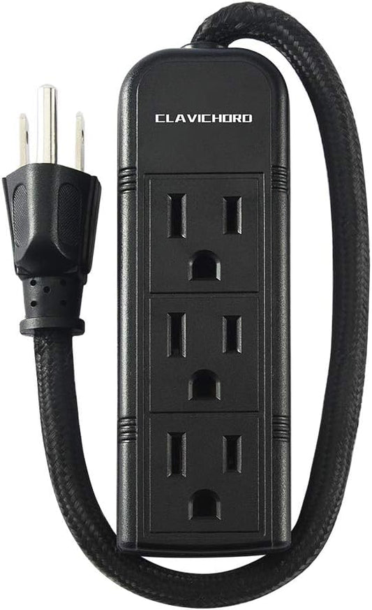 Power Strip with Flat Plug - 3 Ground Sockets 7 Inch Heavy Duty Braided Extension Cord Flat Plug Mountable Socket Strip for Computer/Home/Office
