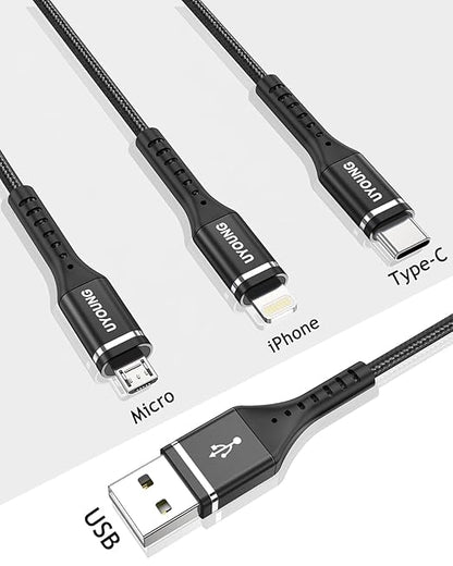 Short Multi Charging Cable 1FT 2Pack 3 in 1 Charger Cord Braided Universal Phone Cords with Lightning/Type C/Micro USB Connectors, Multiple USB Cable for iPhone/Samsung/Google Phones and More
