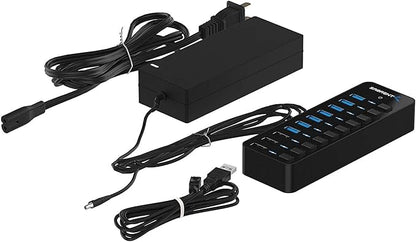 SABRENT 10-Port USB 3.0 Hub, Individual Power Switches and LEDs, 3 Smart Charging Ports, 60W Power Adapter, for PC, Mac, Xbox, PS5, Laptop, Desktop, USB Devices (HB-B7C3)
