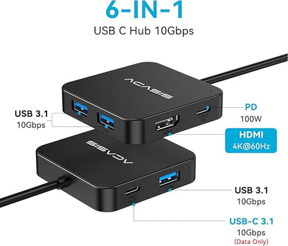 ACASIS USB C Hub 10Gbps, 6-in-1 Multiport Adapter with 4K 60Hz HDMI, 100W Power Delivery, USB A3.2 Data Port, USB C to HDMI Adapter for MacBook, Dell, Lenovo, Surface, iPad PRO, XPS(Black)