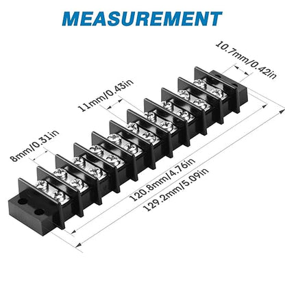 GLOSO Terminal Blocks Double Row Stainless 11 mm Pitch TBC, Marine Grade, 12-22 AWG Cu, 25A/300V - 1 Pack, 10 Poles