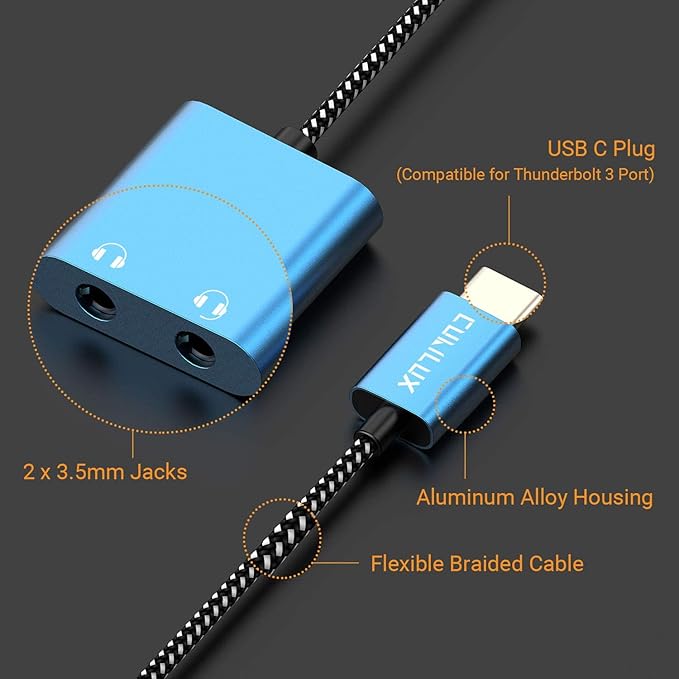 Cubilux USB C Dual Headphones Adapter, Type C to Double 3.5mm Earphone Audio Splitter Compatible with iPhone 17/16/15, iPad Pro 13/12.9/11 iPad Air 13/11, Galaxy S25/S24/S23 Tab S11/S10/S9/S8