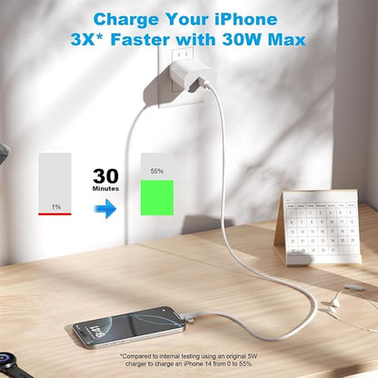 [2025 Upgraded] 30W iPhone 16/15/14/13/12 Charger Fast Charging Block with 6FT Long C to Type C& Lightning Cable 60W.Fast Charging for All iPhone/iPad and Galaxy Series (White 2)
