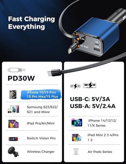 [2024 Upgraded] 4 in 1 Retractable Car Charger, SUPERONE Smaller Fast Car Phone Charger 69W with Cord, USB C and iPhone Car Charger Adapter, Compatible iPhone 15/15 Pro Max/14/13/12/11, Sumsung