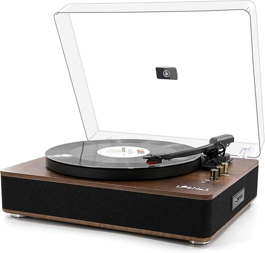 LP&No.1 Record Player with Stereo Speakers, 3-Speed Belt-Drive Turntable for Vinyl Records with Wireless Playback and Auto-Stop,Walnut Wood