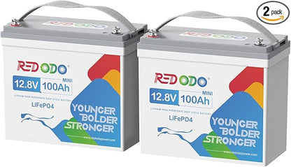 Redodo 12V 100Ah MINI Lithium Battery, Smaller LiFePO4 Lithium Battery with Up to 15000 Deep Cycles, 10 Years Lifetime, Upgraded 100A BMS for RVs, Trolling Motors, Off Grid and Solar Home 2 PACK