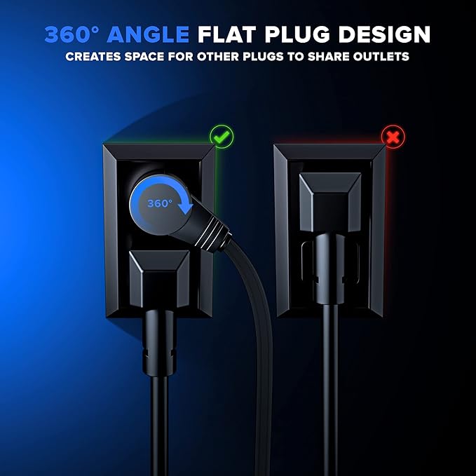 Maximm Cable 4 Ft 360° Rotating Flat Plug Extension Cord, 16/3 AWG Multi 3 Outlet 3-Prong Grounded Wire- Black - UL Certified