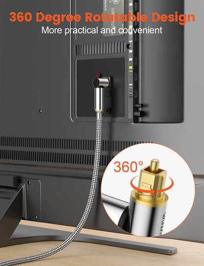 VANAUX 90-Degree Optical Audio Cable 10FT,90 Degree to 90 Degree Fiber Optic Toslink Cable(24K Gold-Plated Connectors,Braided Jacket) Ideal for Tight Spaces,Home Theater,Soundbars,Gaming Consoles