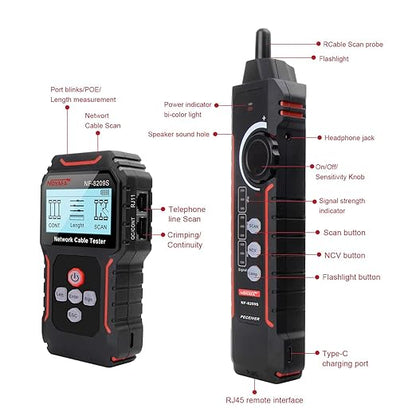 NOYAFA NF-8209S Network Cable Tester for CAT5, CAT6, LAN/Ethernet with PoE and NCV, LCD Anti-Interference scan Mode Wire Tracer Lithium Battery Charge