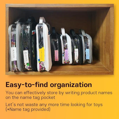 holay 4 Packs PVC Zippered Blocks Set, Toy, Clay, Board game Storage Organizer Case (Name Tag, Manual Pocket) (White, Small)