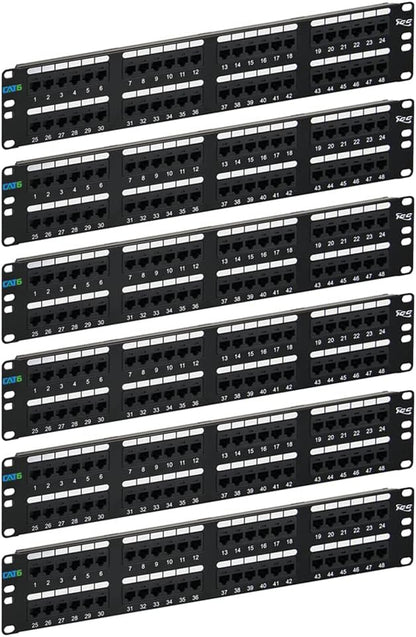 ICC CAT6 Patch Panel, UL Listed & PoE++ Rated Gigabit Applications, Rackmount 48 Port 2U 19-Inch Network Patch Panel with Rear 110 IDC Terminal Blocks for Gigabit Network Switch, Black, Pack of 6