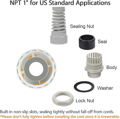 LeMotech 2Pcs NPT 1" IP68 Waterproof Cable Gland Flex Spiral Strain Relief Grey Nylon Joint with Gaskets for 18-25mm Wire Thread