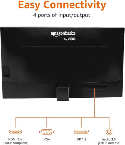 Amazon Basics 24-inch IPS Monitor 75 Hz Powered with AOC Technology FHD 1080P HDMI, Display Port and VGA Input VESA Compatible Built-in Speakers for Office and Home, Black