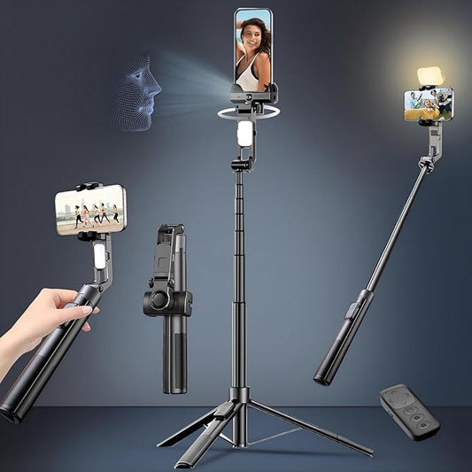 71" Tripod for iPhone with Light, Auto Face Tracking Selfie Stick Tripod, Upgrade Strong Gimbal Stabilizer 360 Rotation with Remote for Content Creator Vlog Live Streaming Video Record Tiktok YouTube