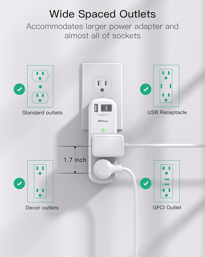 Cruise Ship Essentials - Outlet Extender with Rotating Plug, 6 AC Outlets with USB Charging Ports, Multi Plug Wall Outlet USB C Charger Hub, Non Surge Protector Non Extension Cord