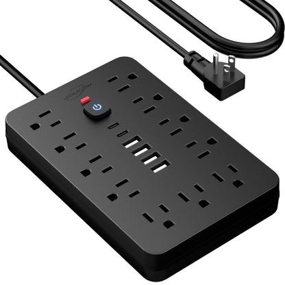 JouleLoom 20 FT Flat Plug Surge Protector Power Strip,11 Multiple AC Outlets with 6 USB Ports (2 USB C), 20 Feet Extension Cord, 1250W/10A, One Touch Switch Button, 17 in 1 Compact powerstrip