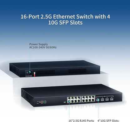16 Port 2.5G Network Ethernet Switch, 16 x 2.5Gb RJ45 Ports, 4 x 10G SFP Slots, 240Gbps Switching Capacity, Desktop or Rack Mount/Metal Case/Fan Cooling/Plug and Play Unmanaged