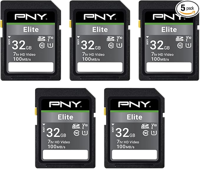 PNY 32GB Elite Class 10 U1 V10 SDHC Flash Memory Card - 100MB/s Read, Class 10, U1 Full HD, UHS-I, Full Size SD (Pack of 5)