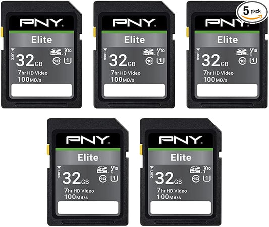 PNY 32GB Elite Class 10 U1 V10 SDHC Flash Memory Card - 100MB/s Read, Class 10, U1 Full HD, UHS-I, Full Size SD (Pack of 5)